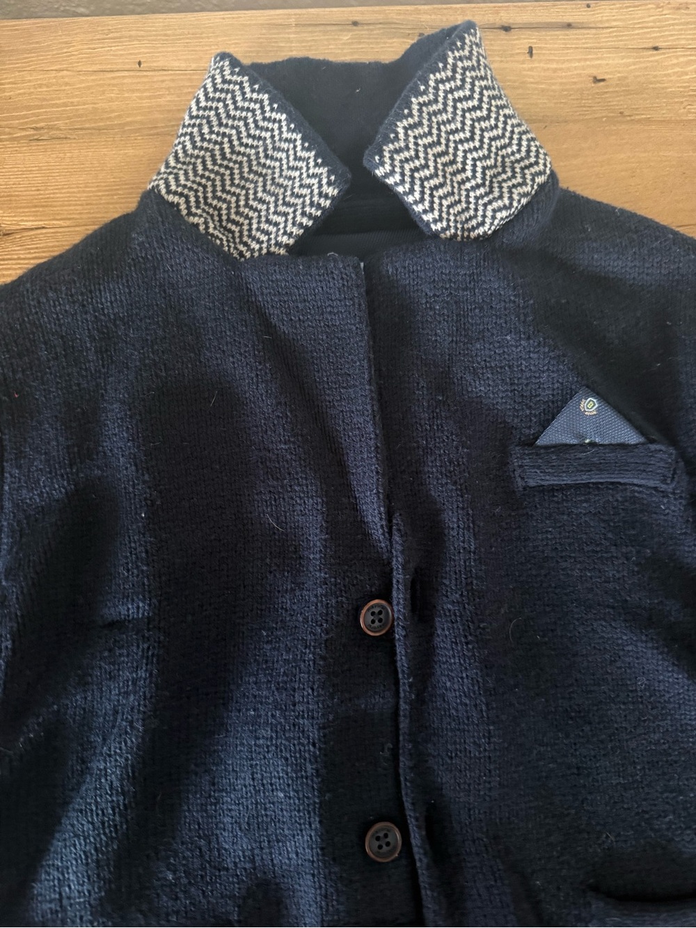 Mayoral Navy Knit Cardigan Blazer with White Elbow Patches and Green Trim - Picture 4 of 12
